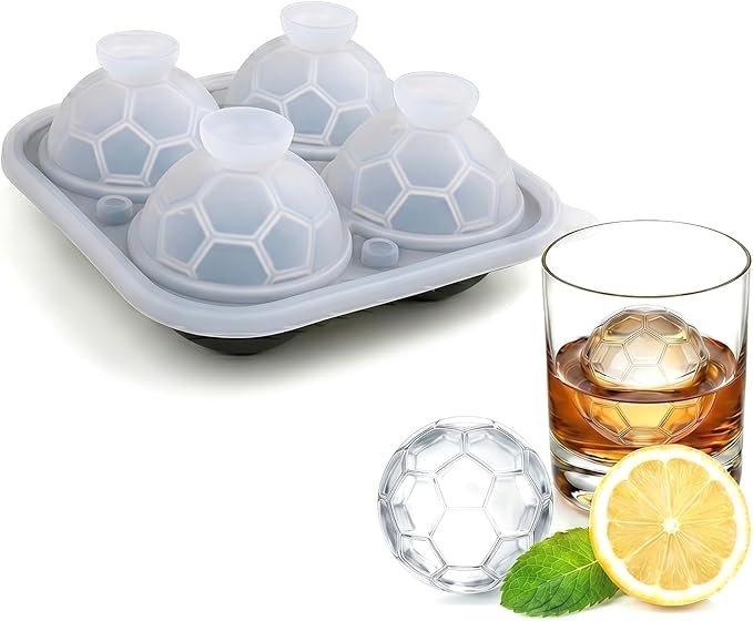 Large Ice Cube Tray,Silicone Ice Cube Trays for Freezer with Lids & Funnel,2.5 Inch Reusable Big Round Ice Cube Mold Ball Maker for Gifting,Whiskey,Cocktails and Drinks,Easy Release (Soccer Ball)