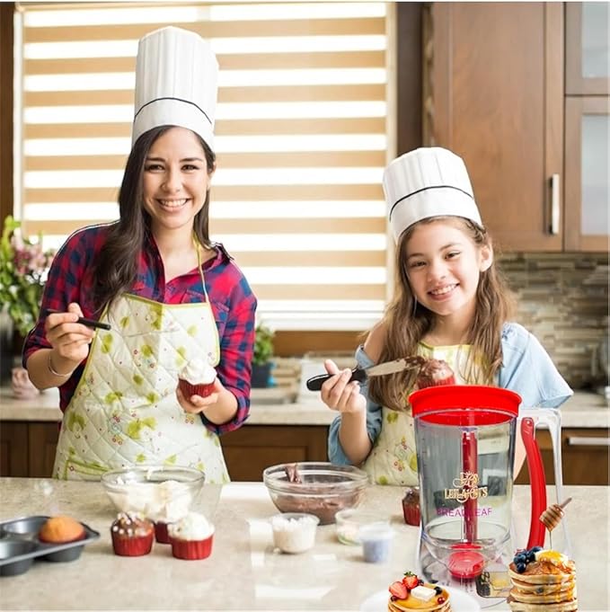 Leilanis Breadleaf Batter Dispenser for Pancakes, Waffles, Cookies, Cakes, Set 6 pcs Griddle BreakFast Kit Egg Rings and Oil Brush 4 Cup Capacity (Red)