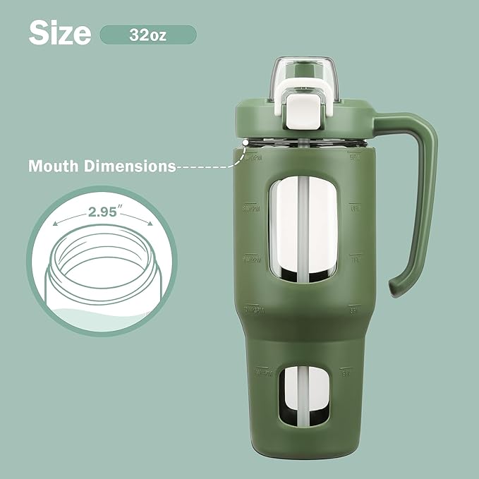 32oz Glass Tumbler with Straw Handle and 2-IN-1 Sip & Spout Lid, Reusable Iced Coffee Cup for Smoothie, Matcha, Leakproof Glass Water Bottle with Straw and Silicone Sleeve, BPA Free-Olive