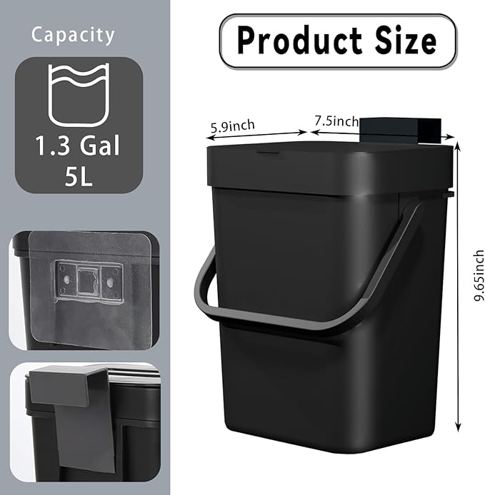 Compost Bin Kitchen, for use on Countertops or Under Sinks, Hanging Trash Can with Lid, Mountable Indoor Compost Bucket, for Cupboard/Bathroom/Bedroom/Office/Camping (Black 1.3 Gallon/5L)