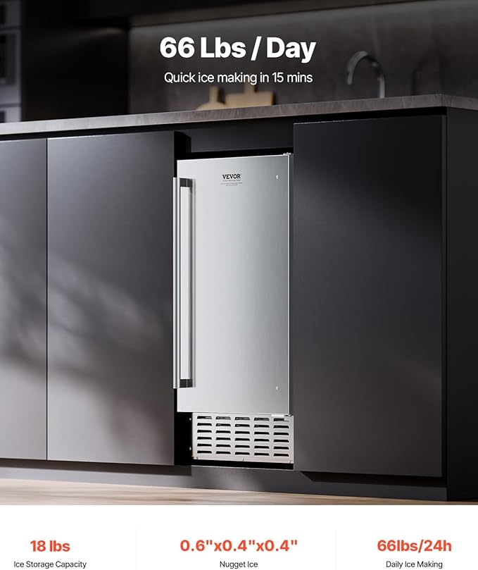 VEVOR Undercounter Built-in Ice Maker, 66 Lbs/Day Under Counter Nugget Ice Maker Machine with Reversible Door, Stainless Steel Freestanding Ice Maker for Commercial Home Kitchen, Electric Drainage