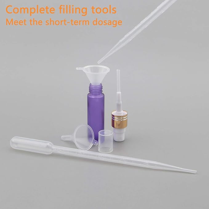 Ellbest 10ml Small Spray Bottles Empty Mist Spray Glass Bottle Mini Perfume Vilas Atomizer Travel Glass Containers for Cosmetics Sample, Cleaning (10 Matte Purple Bottles &5 Droppers &10 Funnels)