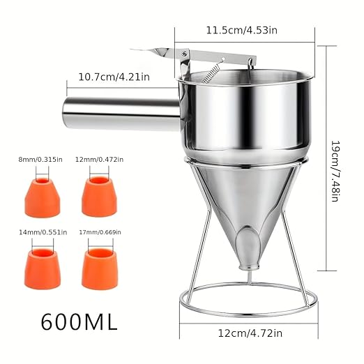 Joyeee Pancake Batter Dispenser, 20oz Funnel Cake Dispenser, Stainless Steel 4 Caliber Batter Dispenser with Squeeze Handle, Durable, Leak-Free and Easy to Clean, Great for Cupcakes, Waffle