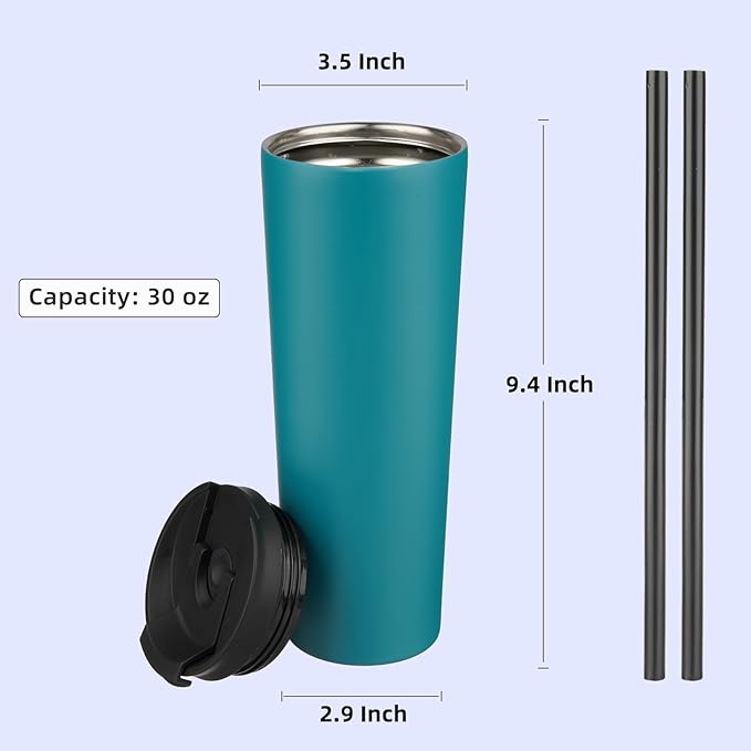 Konokyo 30 OZ Insulated Tumbler with Lid and 2 Straws Stainless Steel Water Bottle Vacuum Travel Mug Coffee Cup,Blue