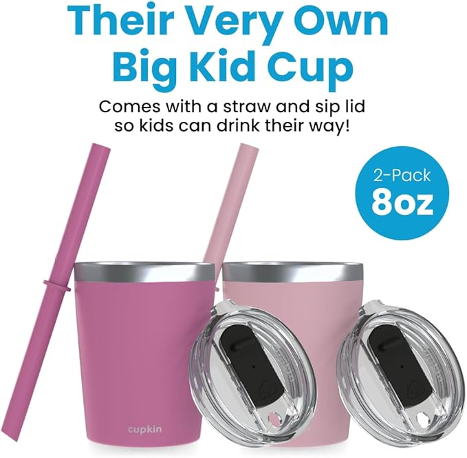 CUPKIN Kids Tumblers, The Original 8 oz Stackable Stainless Steel Kids Cup with Straws, Set of 2 Powder Coated Insulated Toddler Tumbler + BPA Free Lids + Silicone Straws (Polignac + Potpourri)