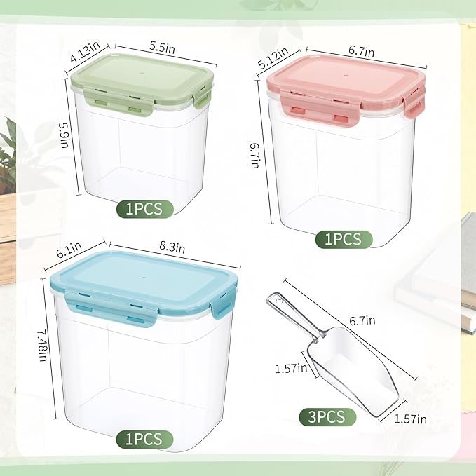 Patelai 6 Pcs Dog and Cat Food Storage Containers with Scoops Set Plastic Pet Food Storage Containers Stackable Airtight Dry for Kitchen 1.27, 2.4, 4 Qt (Pink,Blue,Green)