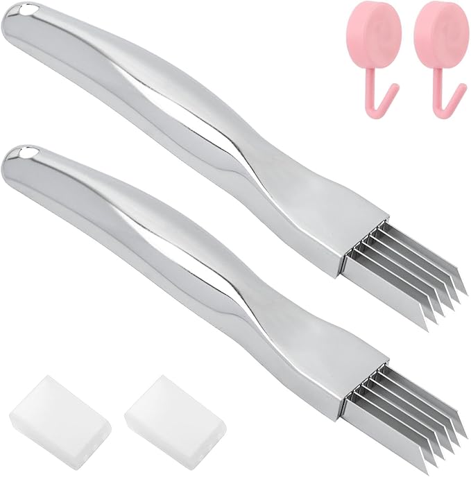 2pcs Onion Knife,Stainless Steel Scallion Cutter Shredder Manual Green Onion Slicer Tool with 2pcs Brushes Multifunctional Home Kitchen Slicing Tool Gadgets