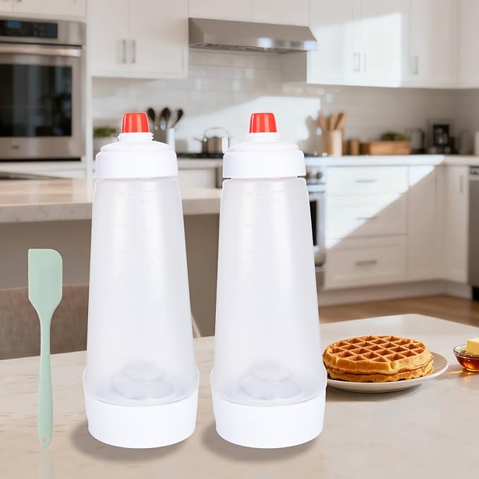 Pancake Batter Dispenser with Mixing Ball and Silicone Spatula Pancake Squeeze Bottle Mixer Batter Dispenser Bottle for Pajncakes, Crepes, Waffle, Muffins, Cupcakes, and more 2Pcs Hjpzrui