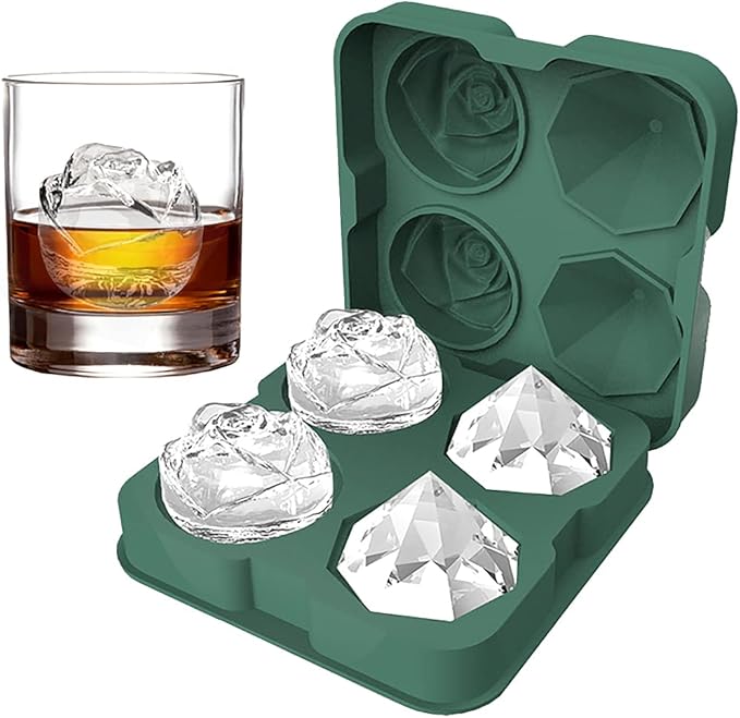 Ice Cube Tray, HANCELANT 2.5inch Ice Cube Molds, 2 Cavity Silicone Rose & 2 Diamond Ice Ball Maker, Easy Release Large Ice Cube Form for Chilling Cocktails, Whiskey, Bourbon & Homemade Juice (Green)