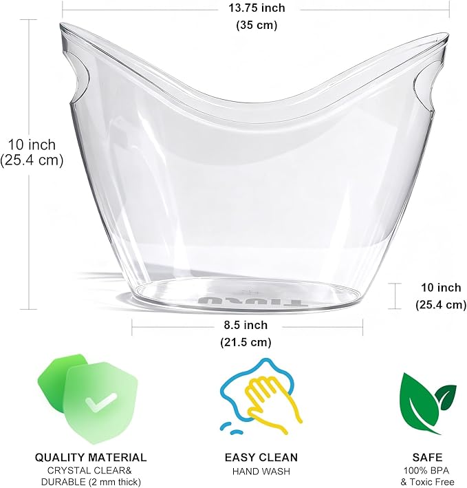 8L Extra Large Clear Acrylic Ice Bucket (2 Pack) – Heavy-Duty Clear Plastic Beverage Tub for Champagne, Wine, & Beer – Portable Drink Cooler for Large Parties, Weddings, and Bar Use