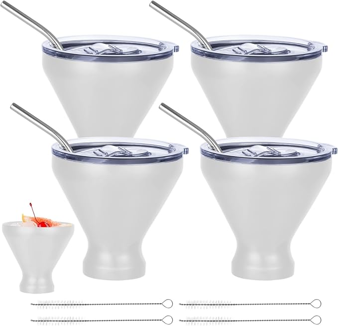 Stainless Steel Martini Glasses with Lids and Straws, Martini Glasses Set of 4, Perfect for Home Bar, Beach, and Picnics, Quality Double-Wal (White)