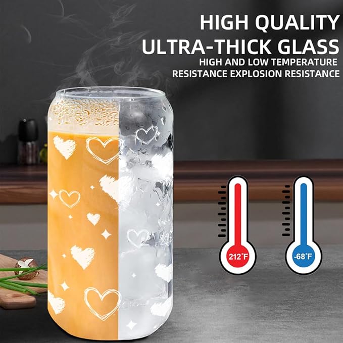 Glass Tumbler with Lid and Straw, 16 oz Heart Iced Coffee Cup with Bamboo Lid, Aesthetic Drinkware Gift for Girlfriend or Best Friend, Valentines Day, Galentines Day, Birthday