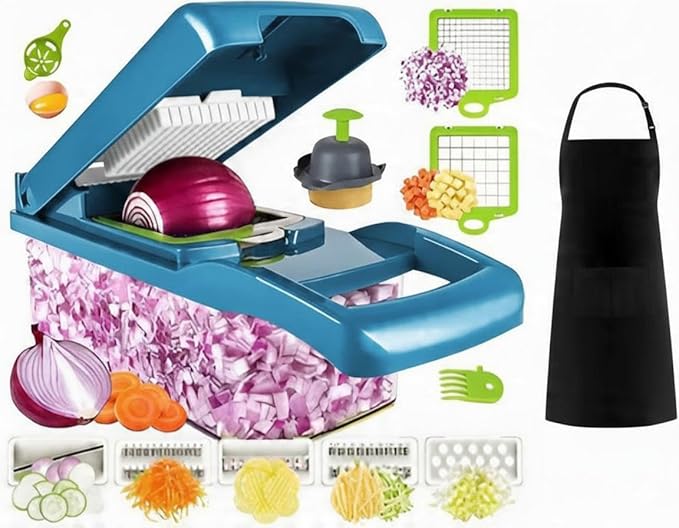Kalmat Dynamics Food Chopper and Vegetable Slicer, 16-in-1 Multi-Function Kitchen Chopper with 7 Blades and Container, Free Black Cooking Apron (Blue+white)