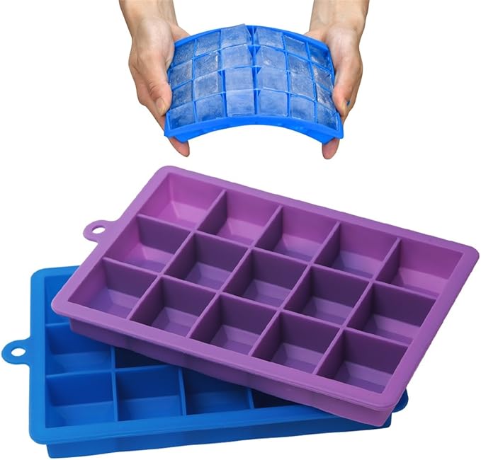 AYI&AYEE Silicone Ice Cube Trays with Lids - 2 Pack - 15 Cavities 1 2/5 inch (2 tbsp / 30ml / 1 fl oz) Square Ice Cubes Baking Molds - BPA free - Easy Release - for Juice, Baby Food, Chocolate & More
