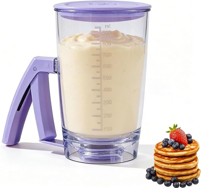 Pancake Batter Dispenser - Kitchen Must Have Tool for Perfect Pancakes, Cupcake, Waffle, Muffin Mix, Cake & Crepe - Baking Supplies for Griddle - Pancake Maker with Measuring Label (Purple)