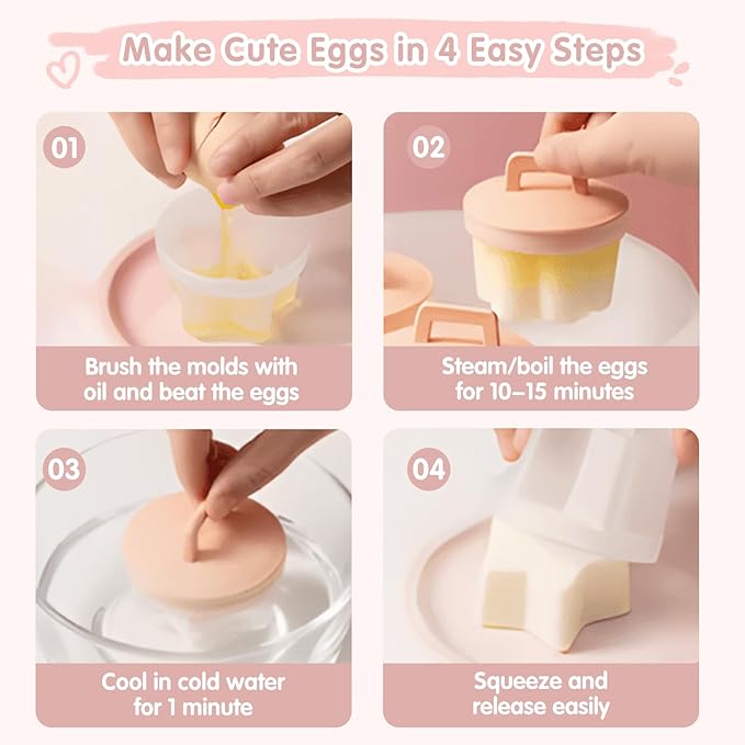 Egg Poacher Cups, 4 Pcs Poached Egg Cooker with Lid and Oil Brush Egg Coddler 4 Shapes Reusable Egg Molds, BPA Free Nonstick Egg Poaching Cups for Boiled Eggs Without Shell, Gray