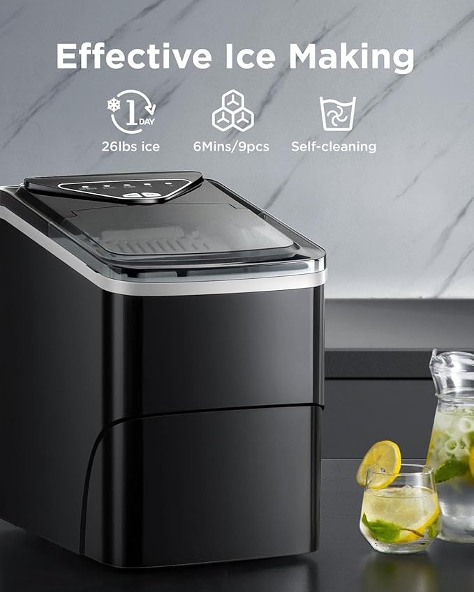 Totnz Countertop Ice Maker Machine, 26lbs in 24Hrs, 9 Ice Cubes Ready in 6 Mins, Auto-Cleaning Portable Ice Maker with Basket and Scoop, for Home/Kitchen/Camping/RV