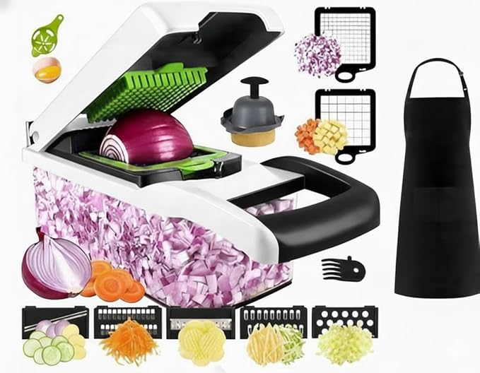Kalmat Dynamics Food Chopper and Vegetable Slicer, 16-in-1 Multi-Function Kitchen Chopper with 7 Blades and Container, Free Black Cooking Apron (White + Black)