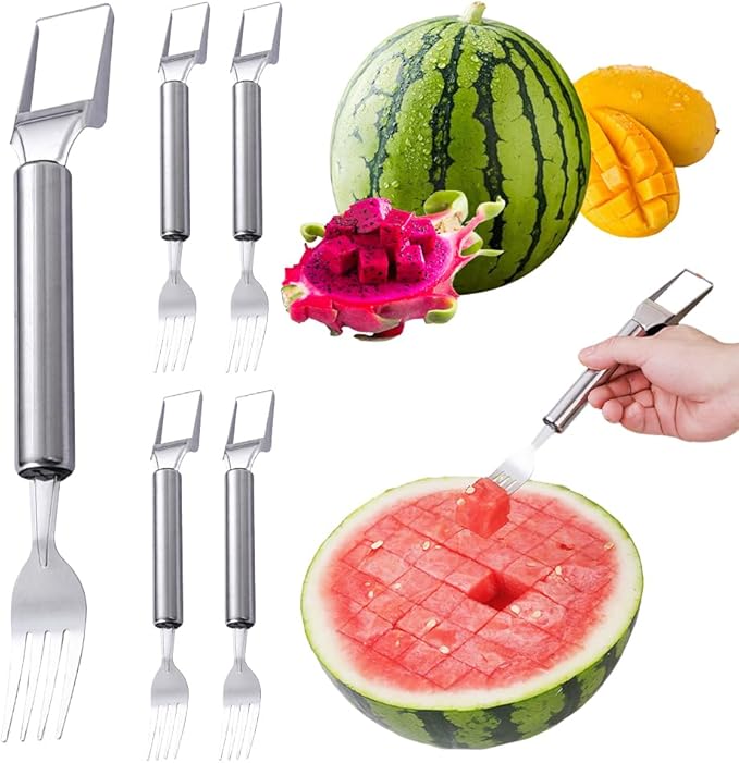 2-in-1 Stainless Steel Watermelon Cutter, Fruit Slicer and Fork Tool, Dual Head Watermelon Cube Cutter with Round Handle for Easy Serving, Kitchen Fruit Cutting Tool (4pcs)