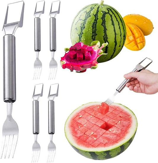 2-in-1 Stainless Steel Watermelon Cutter, Fruit Slicer and Fork Tool, Dual Head Watermelon Cube Cutter with Round Handle for Easy Serving, Kitchen Fruit Cutting Tool (4pcs)