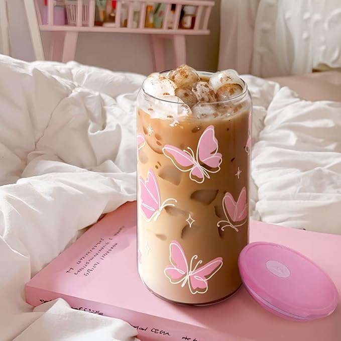 SANDJEST Butterfly 16 Oz Can Glass Tumbler with Acrylic Lid and Straw - Iced Coffee Cups for Women, Aesthetic Glass Cup Gift for Birthday Christmas