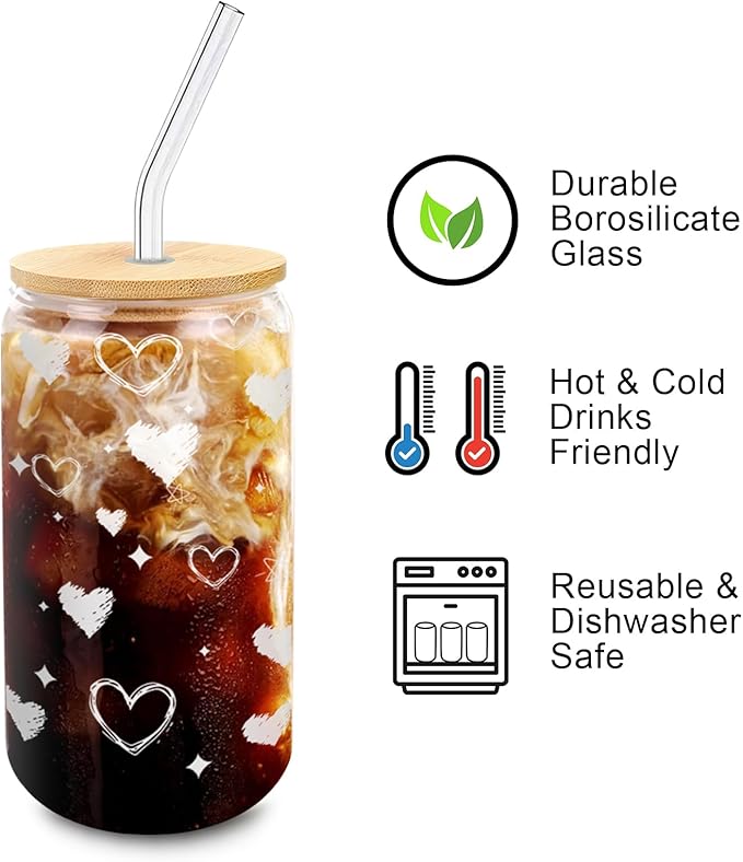 12pcs Glass Cups with Lids and Straws – 16oz Heart Pattern Drinking Glass Set – Reusable Iced Coffee Cups with Bamboo Lids, Glass Straws & Brushes – Party Drinkware for Girls, Roommates, Family