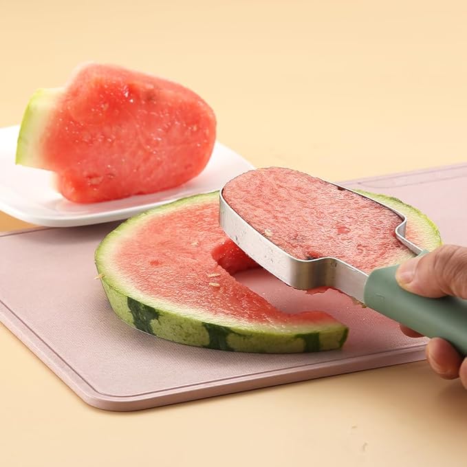 3-in-1 Watermelon Cutter, Slicer and Fork Tool Set, Papaya Dragonfruit Cantaloupe Melon Mango, Popsicle Mold, Green