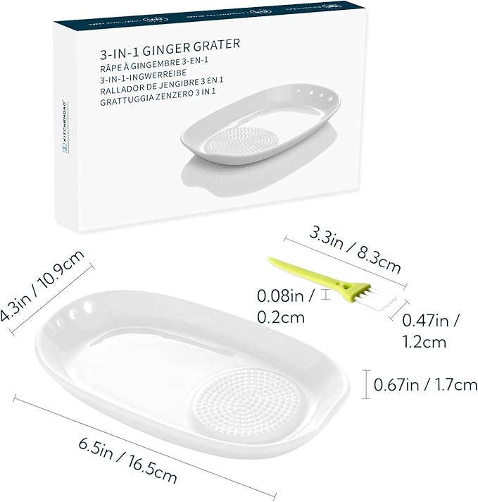 KITCHENDAO 3 in 1 Porcelain Ginger Grater Tool Spoon Rest Herb Stripper, 6.5 x 4.3 inches for Kitchen, Japanese Ceramic Garlic Grinding Wasabi Grater Plate Dish for Daikon Radish & Parmesan Cheese