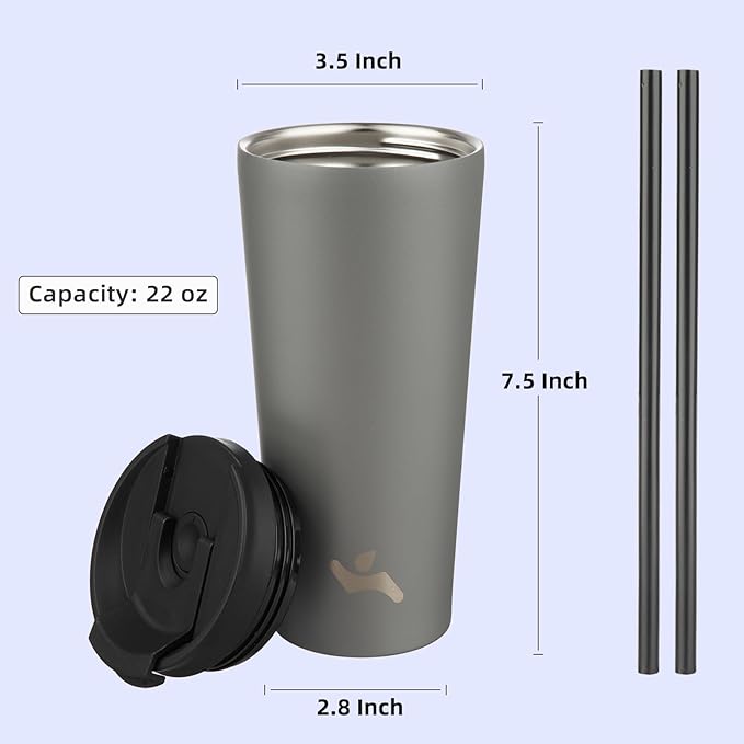 Konokyo 22 OZ Insulated Tumbler with Lid and 2 Straws Stainless Steel Water Bottle Vacuum Travel Mug Coffee Cup,Gray