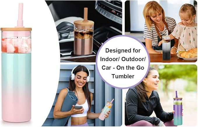 Tronco 20 oz Vacuum Insulated Glass Tumbler with Lid and Straw - Keeps Drinks Cold for 12 Hrs - Reusable Glass Cup for Iced Coffee, Smoothies & Boba - Sweat & BPA Free, Dishwasher Safe, Fit Car Holder