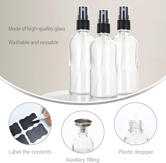 3.4 oz Glass Spray Bottles,Empty Fine Mist Refillable Travel Spray Bottle for Cleaning,Perfume,Aromatherapy,Cosmetic Sprays,Hair,Essential Oils with Fine Mist Dispenser（6 Pack）