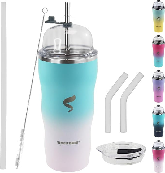 20Oz Insulated Tumbler With Straw And Lid, Stainless Steel Coffee Cup, Double Wall Vacuum Travel Mug,Spill proof Iced Coffee Tumbler,Outside Use,White Blue Tumbler