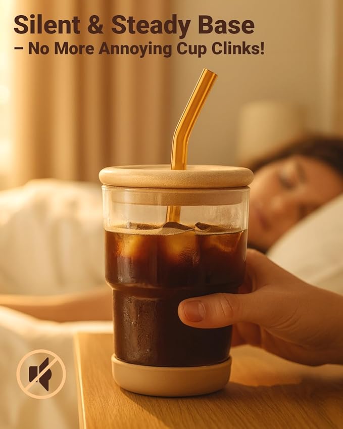 Zukro 13 oz/400ml Glass Cups with Bamboo Lid and Straw, Thick Wall Reusable Glass Tumbler for Iced Coffee, Tea, Matcha, Water Glasses for Home, Office, Non-Slip & BPA Free, Shimmer 2 Pack