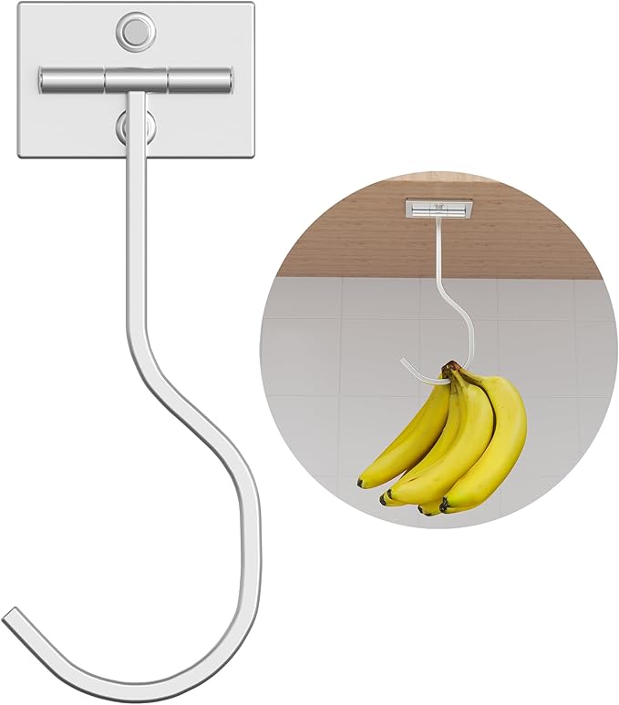 bussdis Under Cabinet Banana Hook Foldable - Adhesive Banana Hanger Under Counter, Heavy Duty Stainless Banana Holder (13lb), Magnetic Fold-Up When Not in Use, Premium Material, Silver