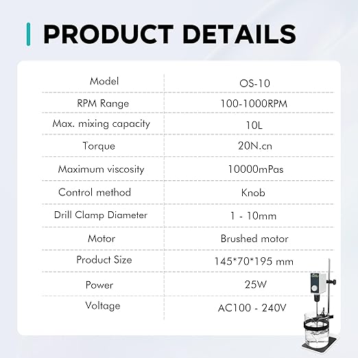 LAB FISH Laboratory Overhead Stirrer Lab Stirrer | Stirring Rod and Stainless Steel Stand | Mixer Adjustable Speed 100-1000RPM Capacity 10L 10000 mPas AC 100-240V