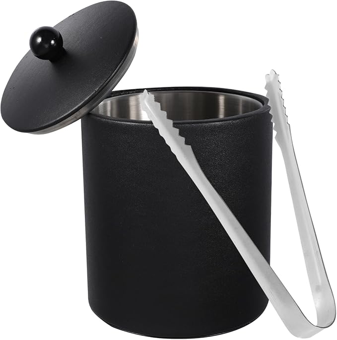 Ice Bucket with Lid, Tongs and Strainer, Stainless Steel Insulated Ice Bucket for Cocktail Bar, Ideal for Cocktail Bar, Parties, Chilling Wine, 5.5 x 5.5 x 7.3 inches (Black)