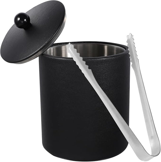 Ice Bucket with Lid, Tongs and Strainer, Stainless Steel Insulated Ice Bucket for Cocktail Bar, Ideal for Cocktail Bar, Parties, Chilling Wine, 5.5 x 5.5 x 7.3 inches (Black)