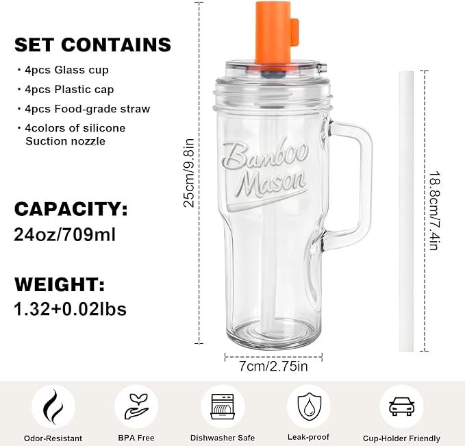 ANOTION Bamboo Mason Leakproof Mason Jar Cups with Lids and Straws, Cap Cup 24oz Glass Tumbler with Handle, Rotating Lid Silicone Straw, Reusable Iced Coffee Matcha Cup Coffee Gifts for Women 2pc
