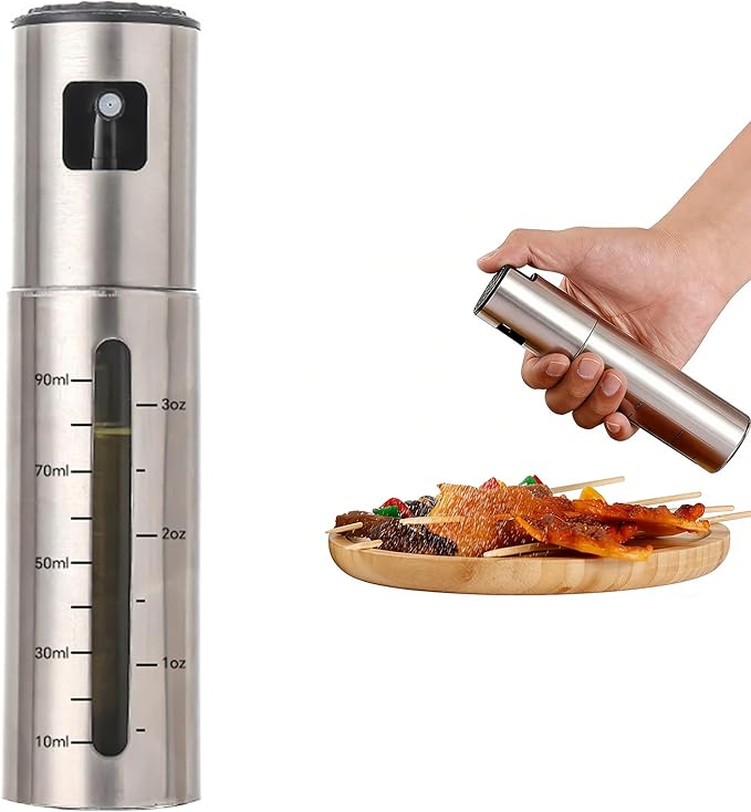 Oil Sprayer for Cooking Spritzer with Scale,Olive Oil Dispenser Bottle for Kitchen(3.3OZ),Hollowed-out Visible Margin Stainless Steel