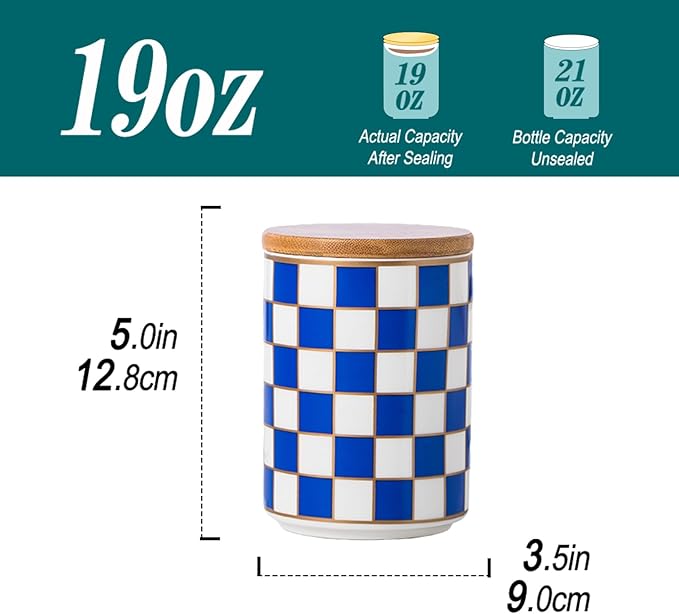 Kitchen Countertop Ceramic Checkered Canisters,Black And White Food Storage Containers With Lid,Airtight Kitchen Canisters for Flour, Sugar, Coffee, Tea, and Dry Goods (Blue, Small)
