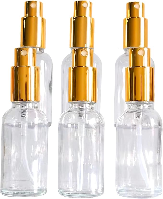 12 Pack 1oz Clear Glass Spray Bottles for Essential Oils, Small Spray Bottle, Fine Mist Spray, Gold Sprayer,for Travel Perfume, Hair & Cleaning