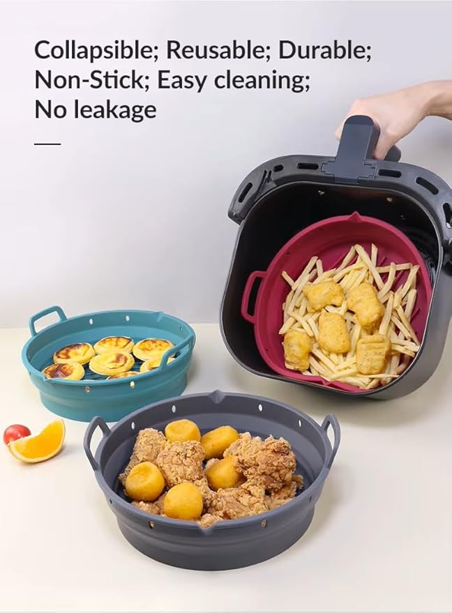 Reusable Silicone Air Fryer Liner –2pcs (Round+Square), Collapsible, Oil-Draining Design, Food-Grade, Non-Stick, Heat Resistant, Dishwasher Safe – Fits 5–8 QT Baskets (green)