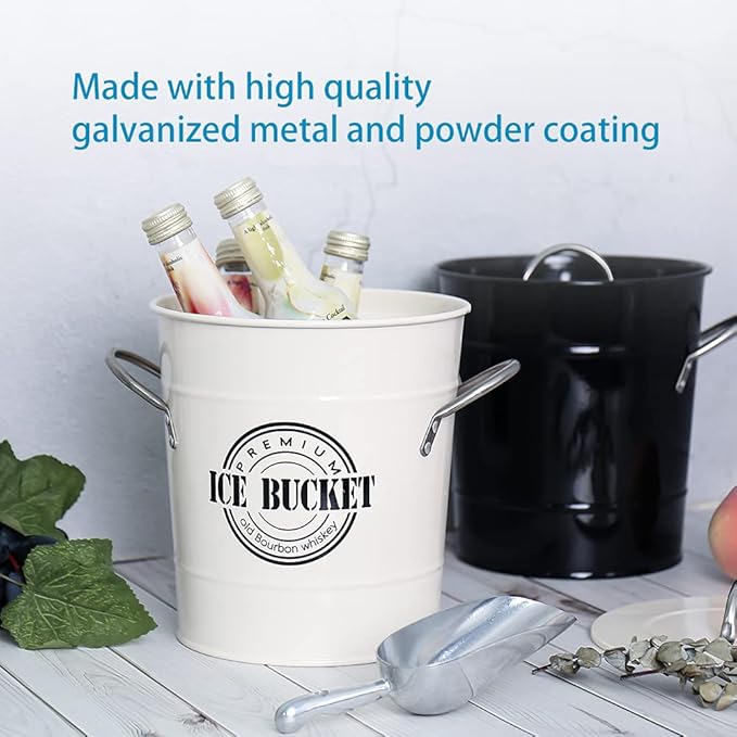 T586A 4L Cream White Metal Galvanized Double Walled Ice Bucket Set with Lid and Scoop