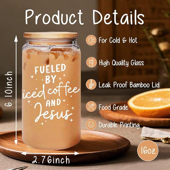 Fueled by Iced Coffee and Jesus Cup Gifts for Women-16oz Christian Glass Cup with Lid and Straw, Faith Brithday Cup Gifts for Coworkers Boss Friends Worker Nurse Teacher, Jesus Iced Coffee Cup-167