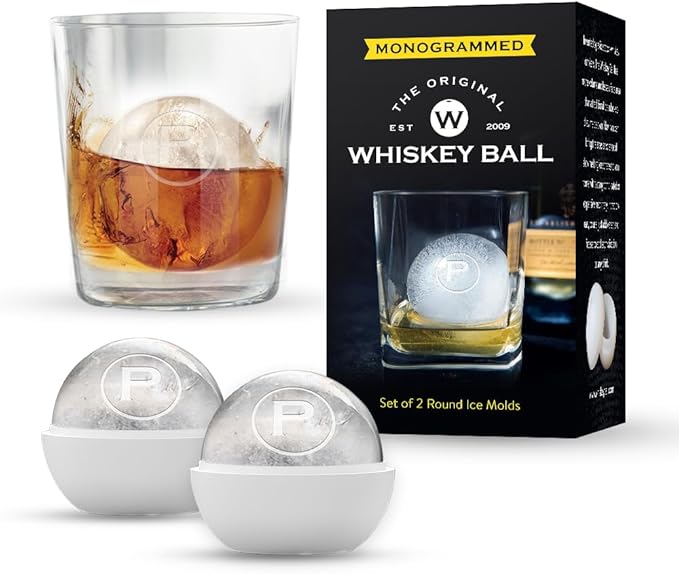 Pack of 2 Monogram Whiskey Ice Ball Maker Mold - Premium Silicone Sphere Mold A to Z letter Engraved - Ideal for Crafting Old Fashioned Cocktails – Easy Release & No Leak Design - ‘P’ letter