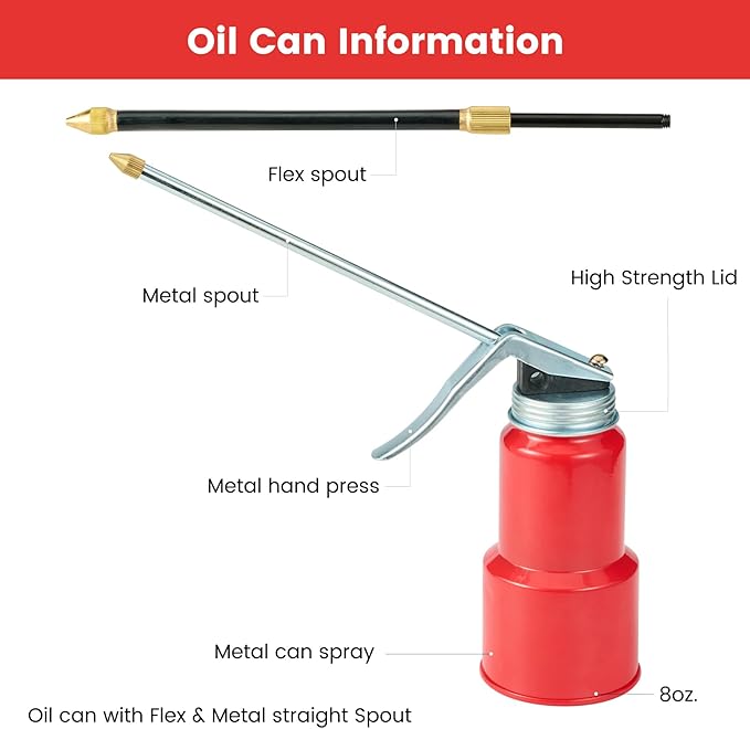 2-Pcs Oil Can Hand Pump Oiler Metal Pump Oil Can 8oz. (250ml) with Metal Straight & Long Flex Spout
