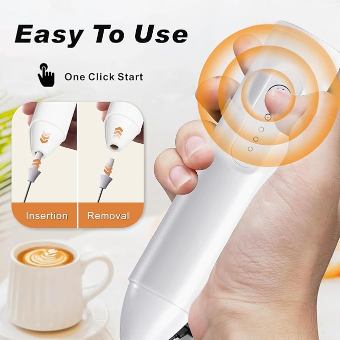 Rechargeable Milk Frother Handheld, USB-C Coffee Foam Maker with Stainless Steel Whisk ＆ 3 Speeds, Coffee Frother Electric Hand Drink Mixer Stirrer for Matcha, Hot Chocolate,Frappe, Mom's Gift (White)