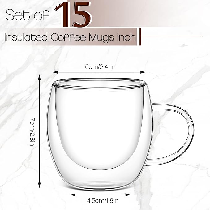 Gerrii Espresso Cups Double Walled Espresso Shot Glass with Handle Cups Insulated Clear Small Shot Glasses for Cappuccino Latte Hot Beverage(2.5 oz,Round Bottom,15 Pcs)