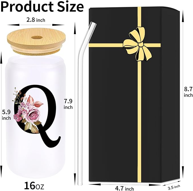 Monogrammed Glass Drinking Cup With Lid Straw New Mom Dad after Birth First Time Mama Parents Announcement Nurse Newborn Pregnancy Wife Maternity Expecting Gender Neutral Cool Funny Present Gifts,Q