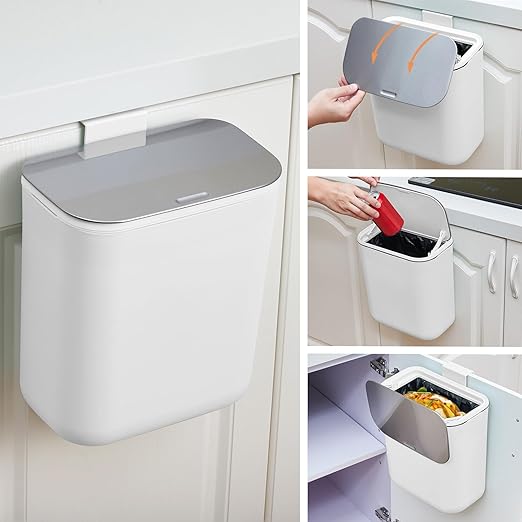 2.4 Gallon/9L Hanging Trash Can with Stainless Steel Lid, Mountable Compost Bin for Kitchen Cabinet Door, Under Sink Food Waste Container for RV, Bathroom, Office